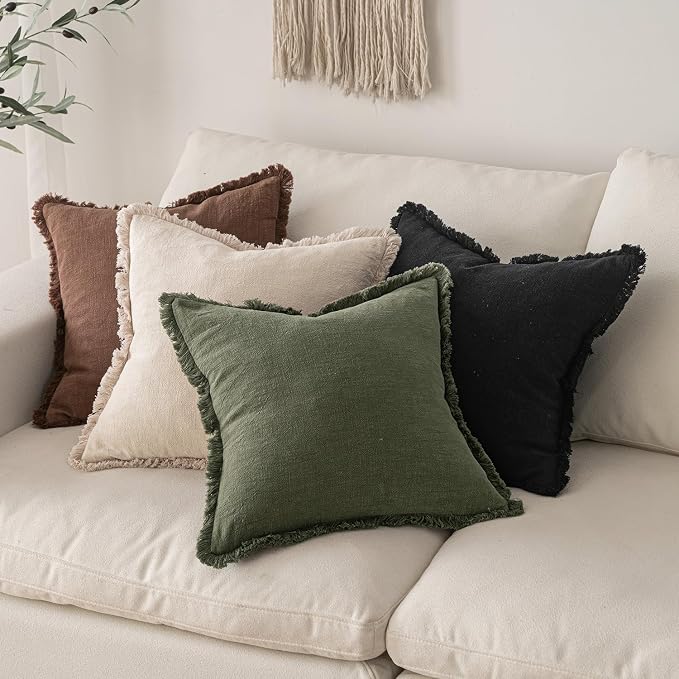 MIULEE Decorative Throw Pillow Covers Neutral Linen Fringe Throw Pillows Set of - Image 5