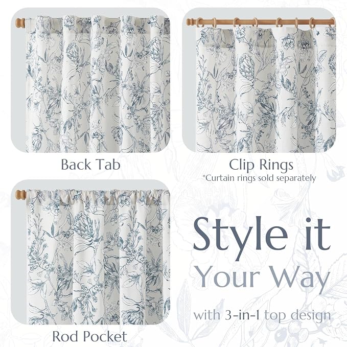 jinchan Floral Curtains 96 Inches Long Blue Flower Linen Farmhouse Curtain - Image 5