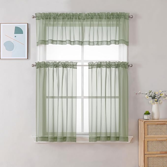 Gwine Sage Green Valances for Windows, Small Light Filtering Rod Pocket Cafe - Image 2
