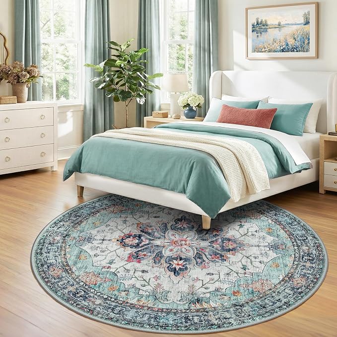 Area Rugs 8ft Washable Non-Slip, Floral Vintage Distress Print Pattern - Image 3