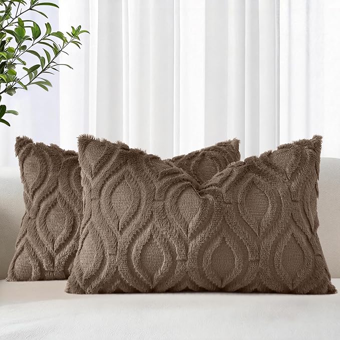 decorUhome Throw Pillow Covers 12x20 Inch Set of 2, Soft Plush Faux Wool Brown by decorUhome