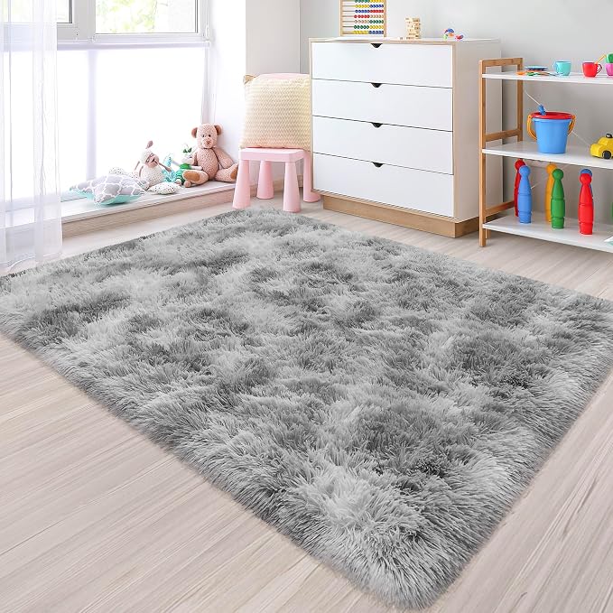 Small Area Rug for Bedroom 3x5ft Mini Tie Dye Grey Fluffy Rug Mat Bedside Throw by JiaoBaba