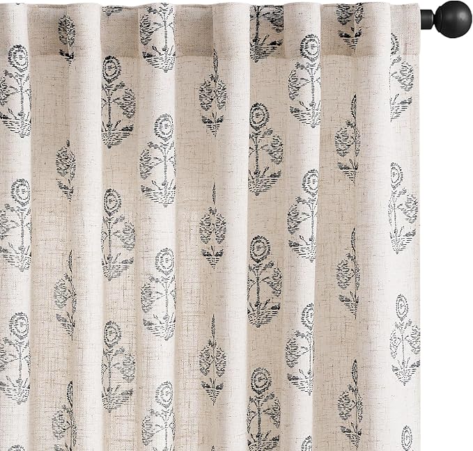 jinchan Linen Floral Curtains for Living Room 84 Inch Length Black Flower by JINCHAN