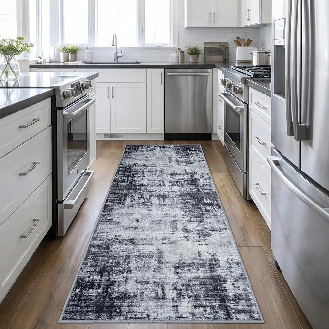 2.6'x8' Runner Rug Washable Rug;Modern Abstract Soft Thin Runner Rug Dark-Black by FXRHLP