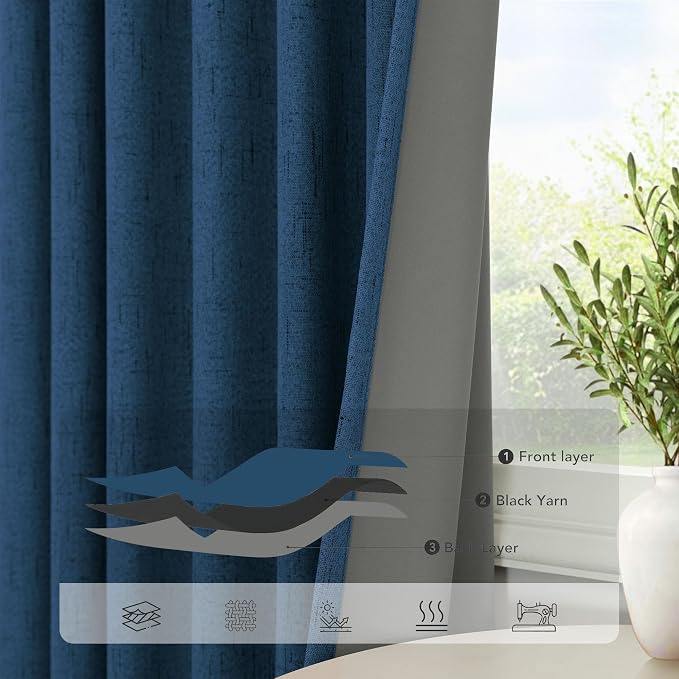 Navy Blue Linen Textured Curtains 90 Inches Long 2 Panels Set Modern Neutral - Image 5