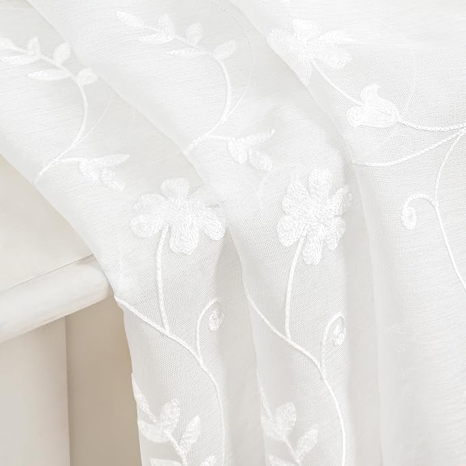 HOMEIDEAS White Sheer Curtains 63 Inch Length 2 Panels White Embroidered Floral - Image 6