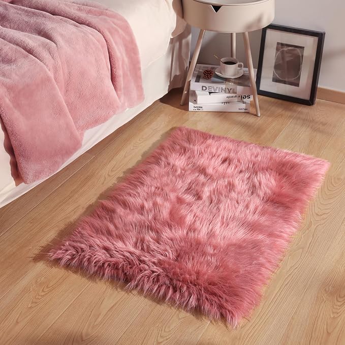 Ashler Faux Fur Rug: Ultra Soft, Fluffy Shaggy 2 x 3 Feet Rectangle, Blush Pink - Image 3