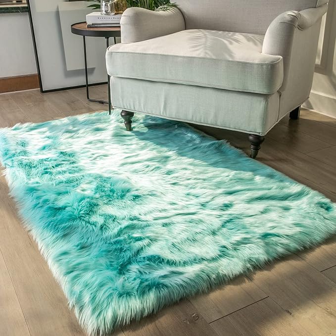 Ashler Faux Fur Area Rug, Fluffy Shaggy 3 x 5 Feet Rectangle Turquoise Fuzzy by AshlerHomeDeco
