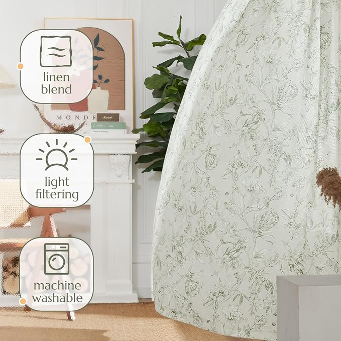 jinchan Floral Curtains 84 Inches Long Sage Green Flower Linen Farmhouse Curtain - Image 8