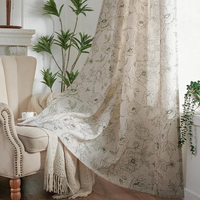 jinchan Floral Linen Curtains for Living Room 63 Inch Length Green Flower - Image 8