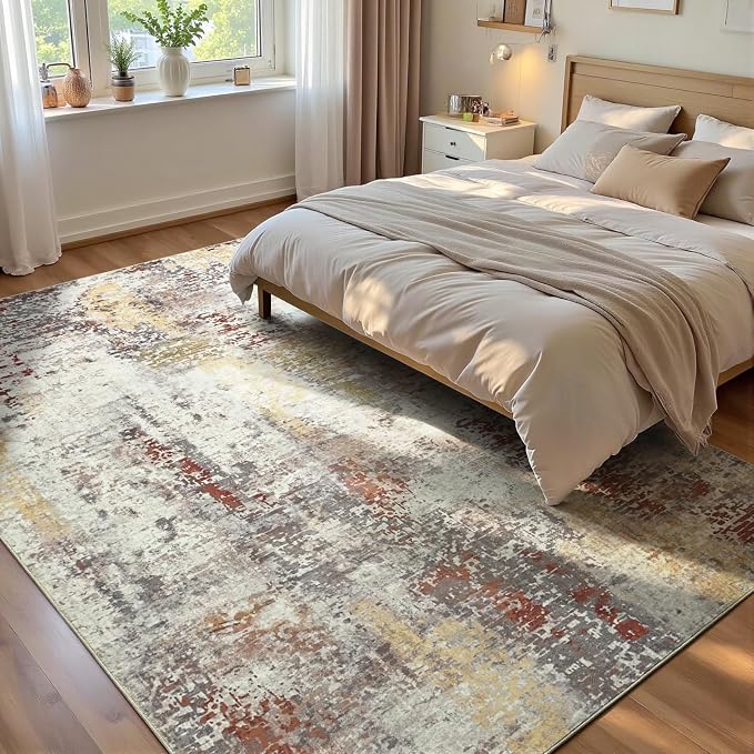 Ompaa Living Room Rug 5x8 Beige Area Rug Machine Washable Boho Rug Non Slip by OmpaaHomeDecor