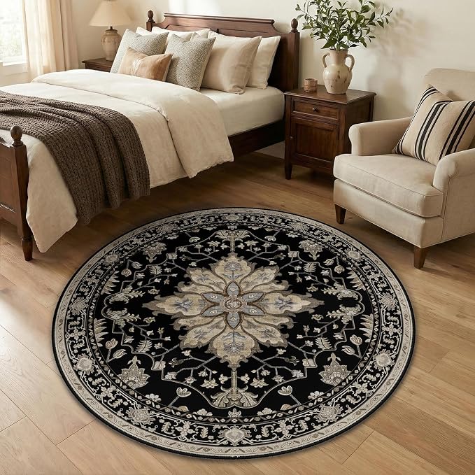 Area Rugs 4ft Washable Non-Slip, Floral Vintage Distress Print Pattern - Image 3