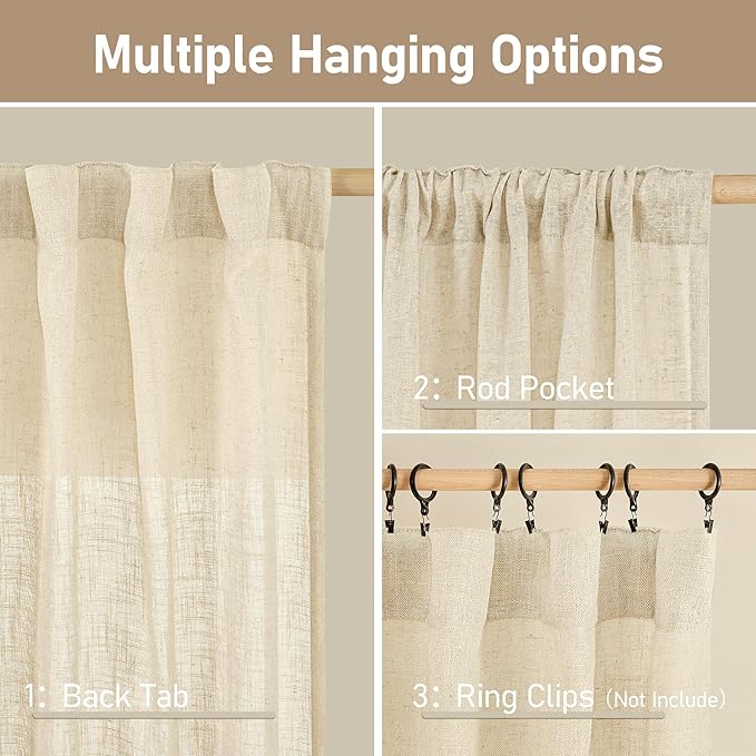LAMIT Beige Linen Cafe Curtains 24 Inch Length, Semi Sheer Light Filtering - Image 2