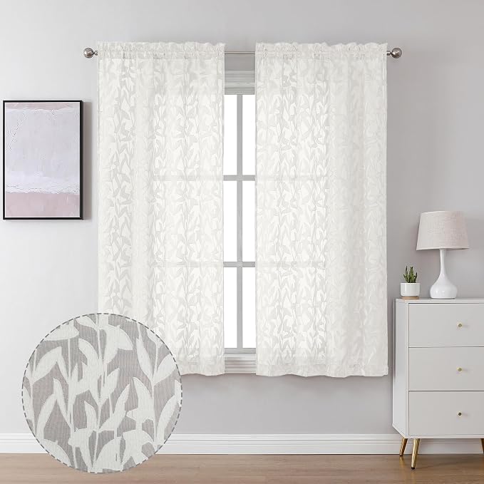 Lecloud Leia Clip Textured Leaf Ivory Sheer Curtain 63 Inch Length 2 Panels by Lecloud