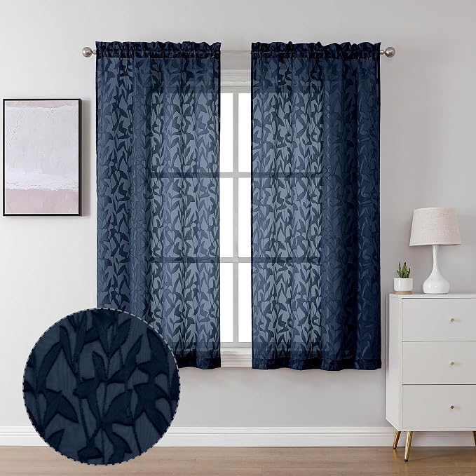 Lecloud Leia Living Room Navy Blue Sheer Curtains 63 Inch Length 2 Panels by Lecloud