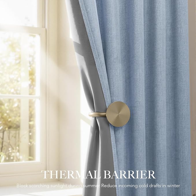 RYB HOME Smoky Blue Linen 100% Blackout Curtains - Image 4