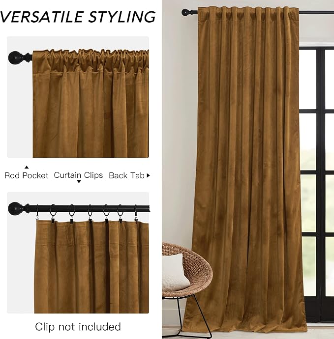 RYB HOME Gold Brown Velvet Curtains 63 inches - Image 3