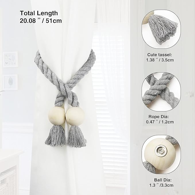 4 Pack Magnetic Curtain Tiebacks Cotton Hand Woven Tie Back Decorative Rope - Image 3