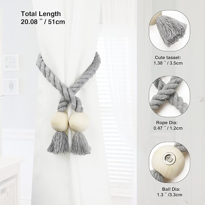 2 Pack Magnetic Curtain Tiebacks Cotton Hand Woven Tie Back Decorative Rope - Image 3