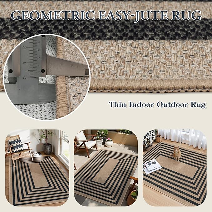 Lahome Enfys Modern Geometric Easy Jute Entryway Rug, 4x6 Black Washable Carpet - Image 4
