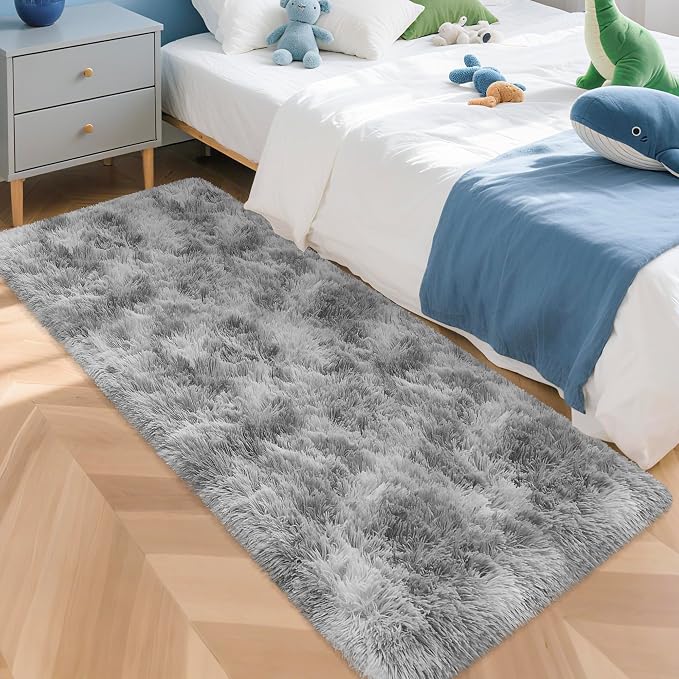 Super Soft Fluffy Living Room Area Rug 2x5 ft Tie-Dyed Light Grey Shaggy Furry by JiaoBaba