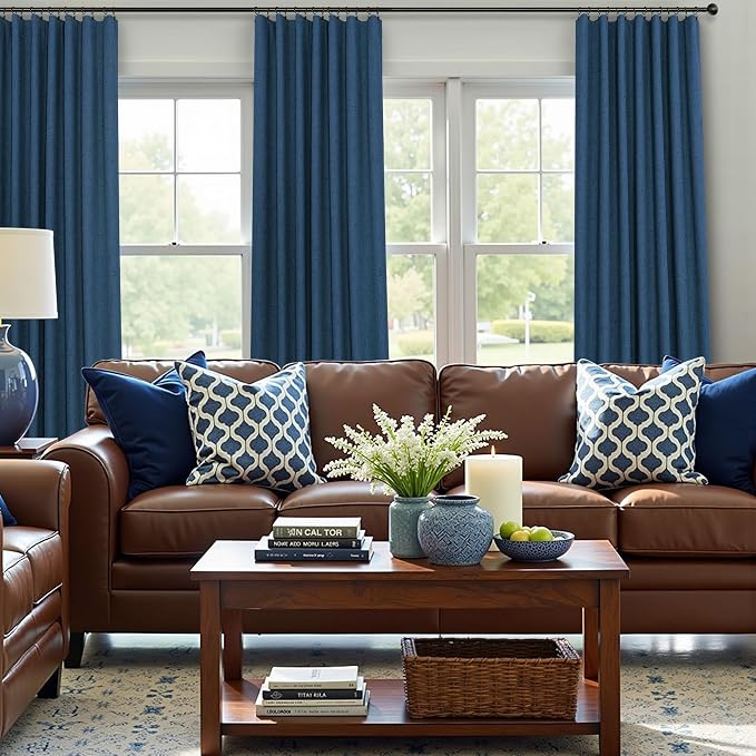Navy Blue Linen Textured Blackout Curtains 72 Inches Long - Image 2
