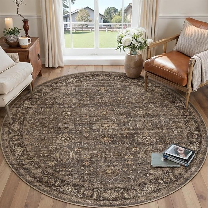 6x6 Washable Round Rug for Living Room Bedroom Vintage Brown Carpet Soft Low by WondRg