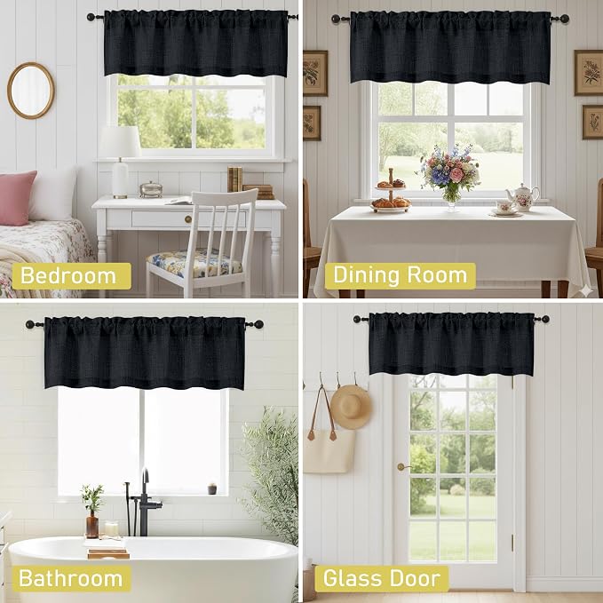 Black Valances for Windows, Light Filtering Faux Linen Textured Small Short - Image 7