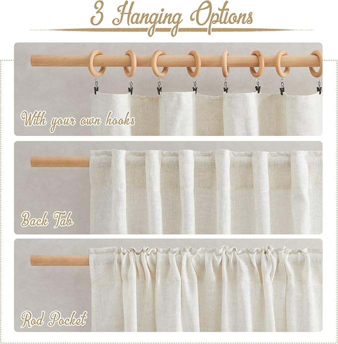 NICETOWN Linen Curtains for Bedroom 95 inch Long, Rod Pocket & Back Tab Flax - Image 2