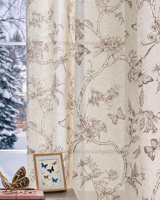 jinchan Floral Linen Curtains for Living Room 96 Inch Length Butterfly Curtain - Image 2