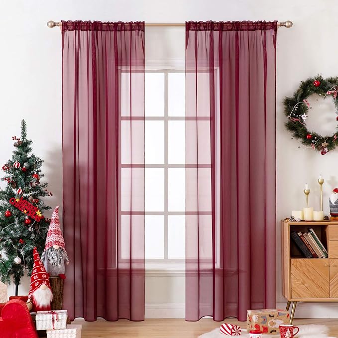 MIULEE Wine Red Christmas Window Sheer Curtains by MIULEE