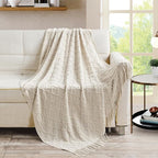 BOURINA Beige Throw Blanket 50 x70 Inches Jacquard Argyle Throw Textured Solid - Image 3