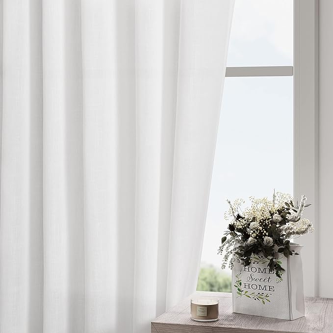 Nanspring White Semi Sheer Linen Curtains 58 Inch Length - Image 2