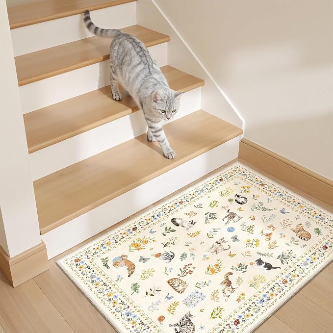 2x3 Cat Rugs for Entryway, Machine Washable Door Mat Animal Floral Small Area - Image 2