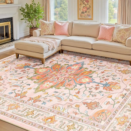 Area Rugs 8'x10' Washable Non-Slip, Floral Vintage Distress Print Pattern - Image 2
