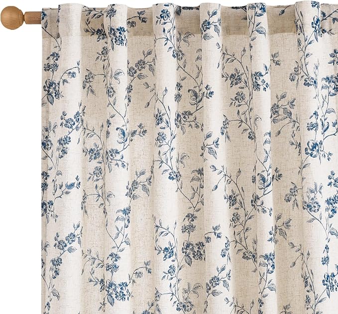 Lazzzy 90 Inch Length Curtain for Living Room Bedroom Blue Floral Drapes Linen by Lazzzy