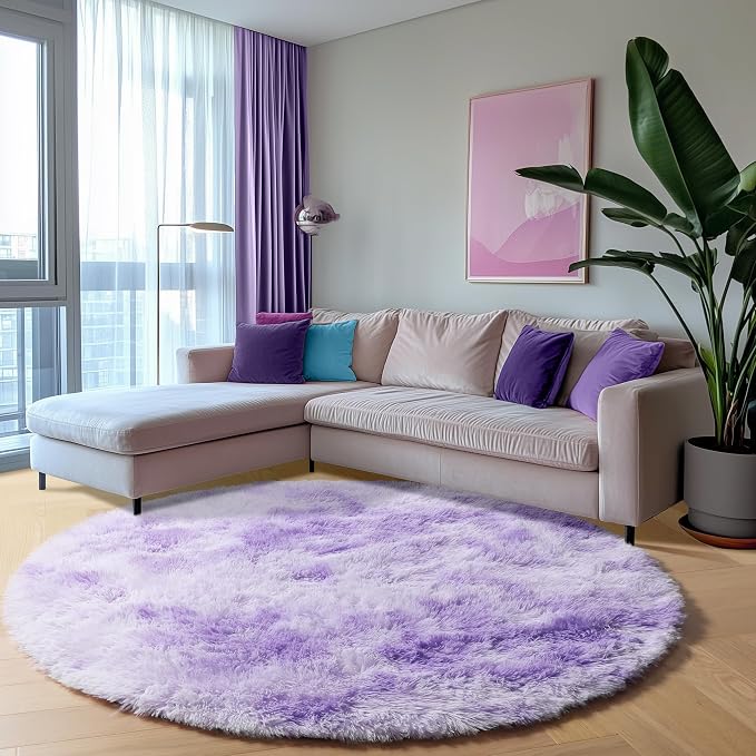 ONASAR Round Rugs 5ft for Bedroom Living Room, Tie-Dyed Purple Fluffy Circle - Image 3