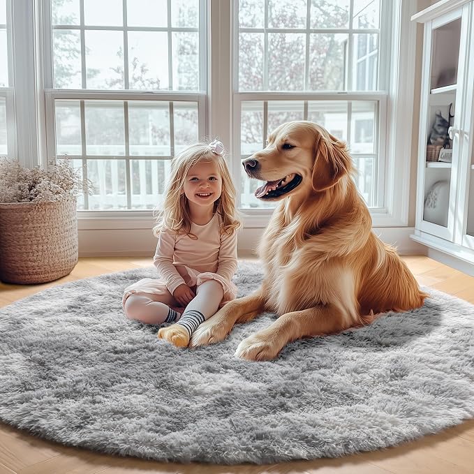 ONASAR Round Rugs 5ft for Bedroom Living Room, Fluffy Tie-Dyed Light Grey - Image 6