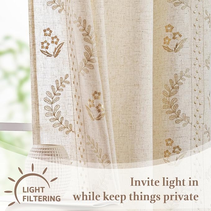jinchan Belrose Linen Floral Cafe Curtains 45 Inch Length Embroidered Farmhouse - Image 6