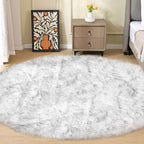 ORINOVA White and Grey Shaggy Round Rugs 6.6ft Large Circle Washable Faux by ORINOVA