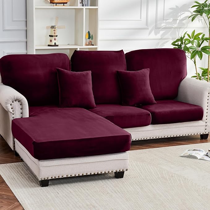 Couch Cover 6-Piece Elastic Velvet Couch Cushion Covers & Chaise Slipcovers by Taque