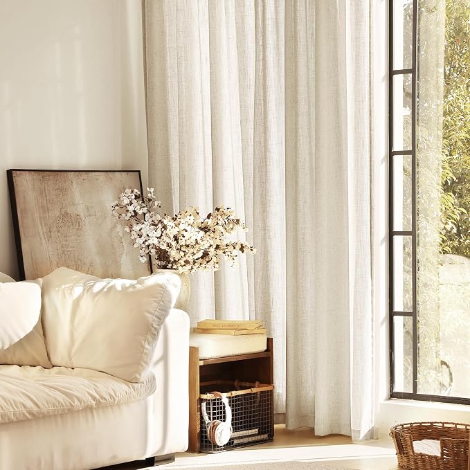 Faux Linen Beige Curtains 105 inches Long - Image 7