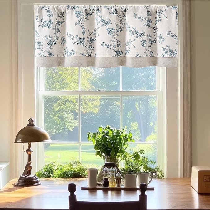 jinchan Linen Kitchen Valance for Windows 16 Inch Floral Double Layer Valance - Image 3