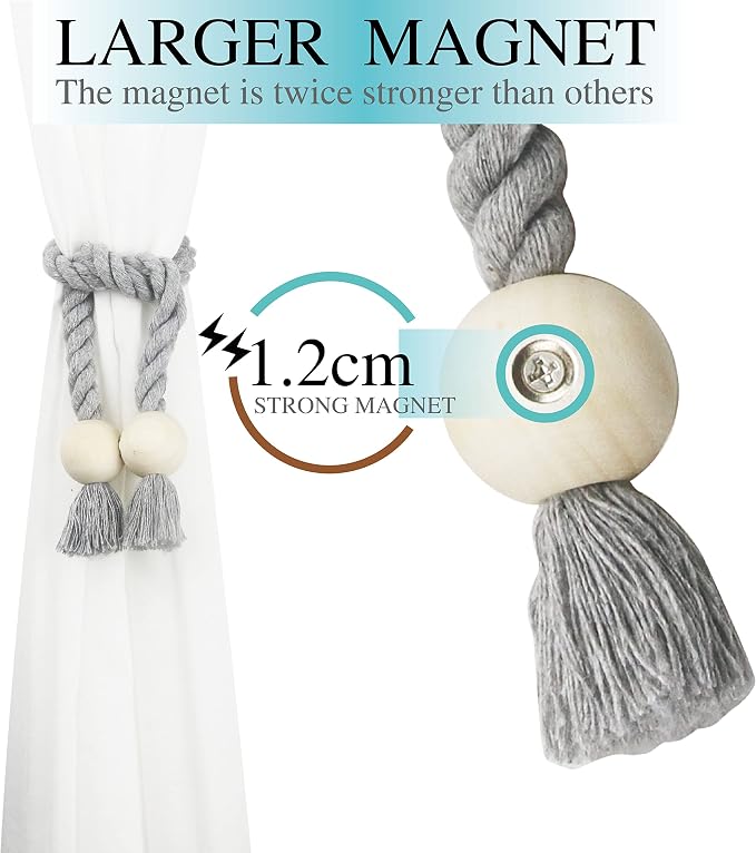 4 Pack Magnetic Curtain Tiebacks Cotton Hand Woven Tie Back Decorative Rope - Image 4