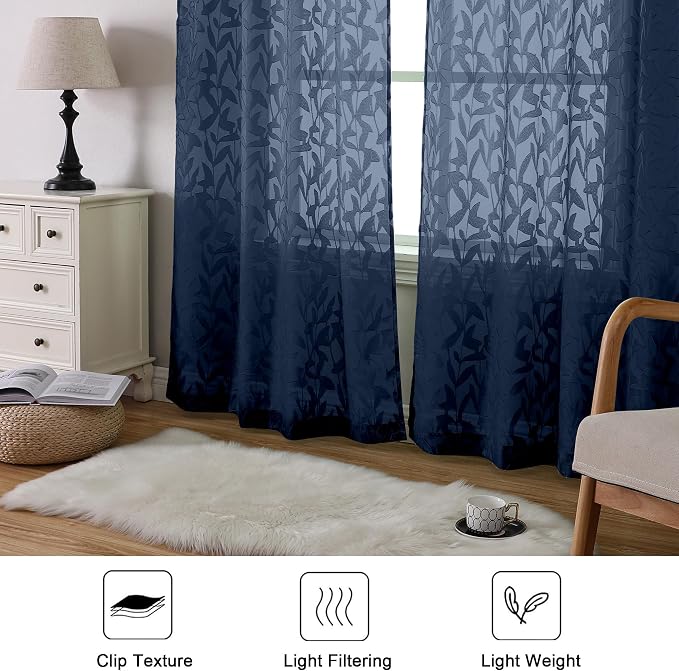 Lecloud Leia Navy Blue Sheer Curtains 90 Inches Long 2 Panels, Airy Leaf - Image 3