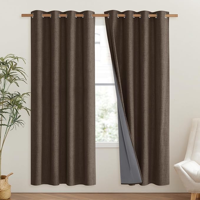NICETOWN Coffee Vintage Linen 100% Blackout Curtains - Image 2
