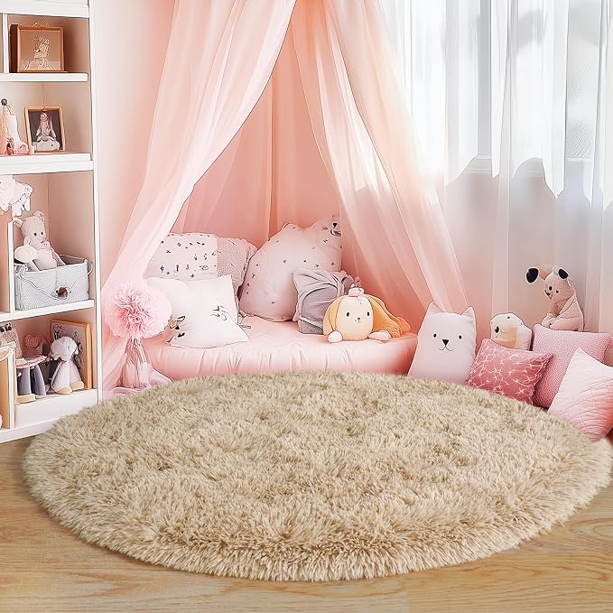 5'x5' Beige Round Rug for Bedroom, Ultra Soft Fluffy Circle Rug for Kids Girls - Image 2