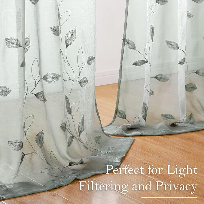 HOMEIDEAS Sage Green Sheer Curtains 52 X 63 Inches Length 2 Panels Embroidered - Image 6