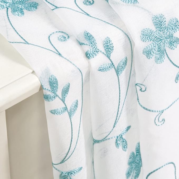 HOMEIDEAS White and Blue Embroidered Floral Sheer Curtains 63 Inch Length 2 - Image 7