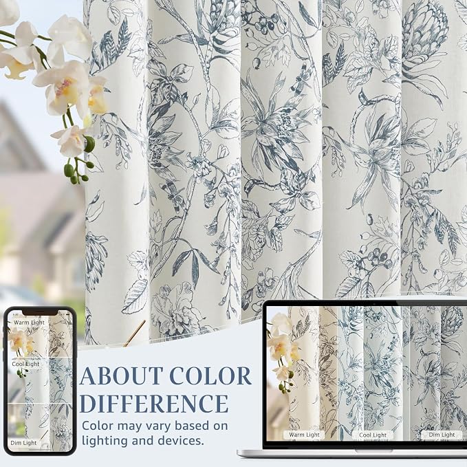 jinchan Floral Curtains 90 Inch Length Blue Flower Linen Farmhouse Curtain - Image 6